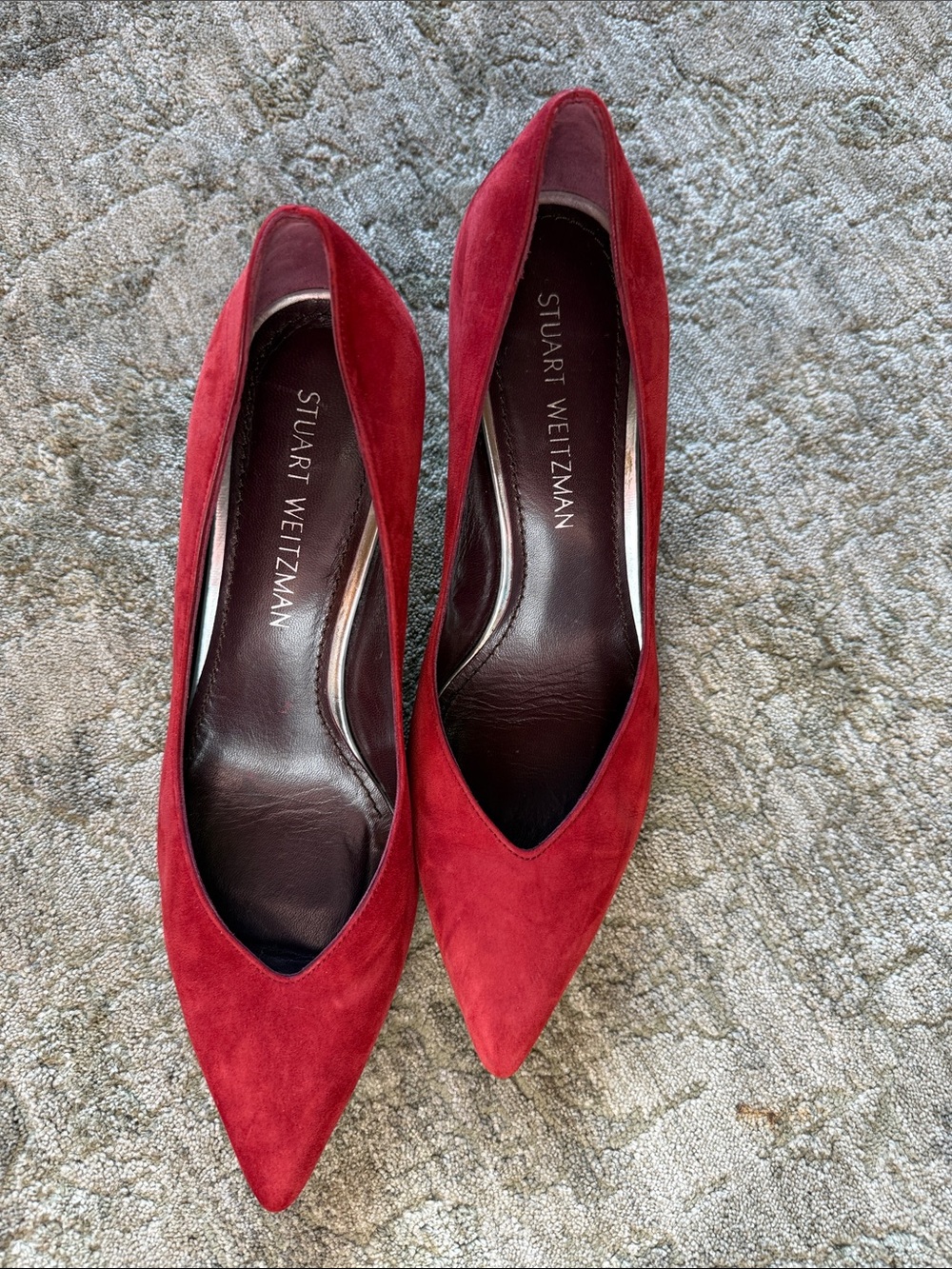 Stuart Weitzman Red Suede Pointed-Toe Block-Heel Pumps